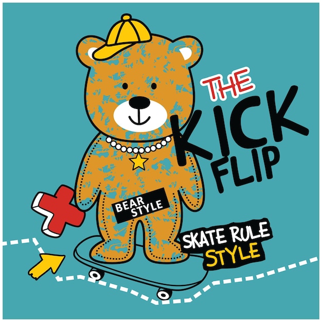 El lindo oso de dibujos animados haciendo skateboard The Kick Flip