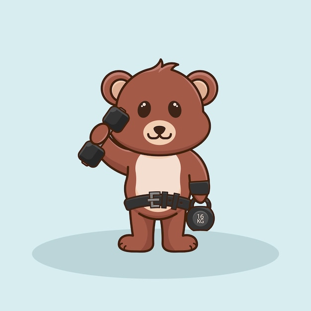 Lindo oso de dibujos animados levantando una barra y pesas rusas Lindo oso entrenamiento Gimnasio Mascota Estilo de dibujos animados