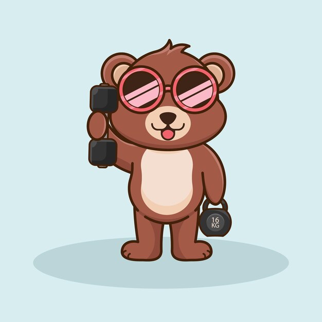 Lindo oso de dibujos animados levantando pesas y pesas rusas Vector de dibujos animados Gimnasio entrenamiento Icono Ilustración
