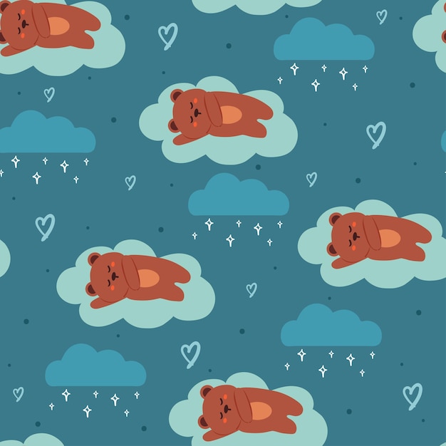 Lindo oso de dibujos animados de patrones sin fisuras durmiendo en las nubes