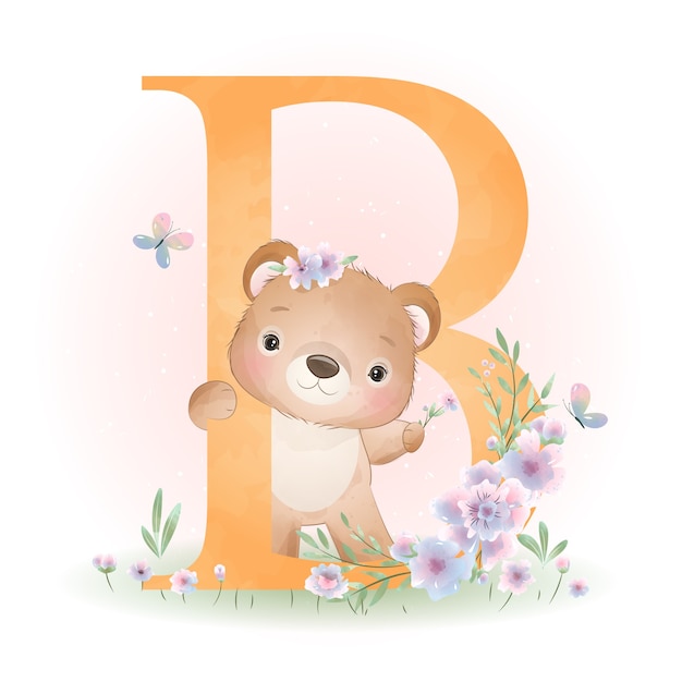 Lindo oso doodle con ilustración floral