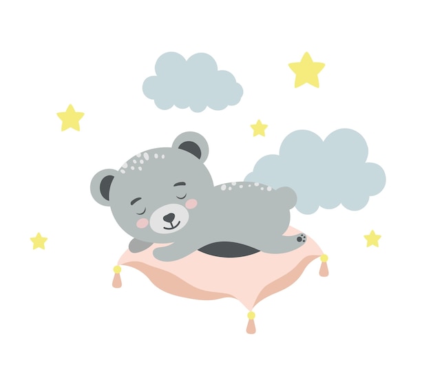 Lindo oso durmiendo en la almohada ilustración del concepto de animal bebé para el personaje de la guardería para niños