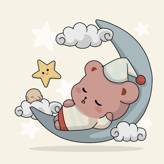 Vector lindo oso durmiendo en la luna ilustración de arte de dibujos animados