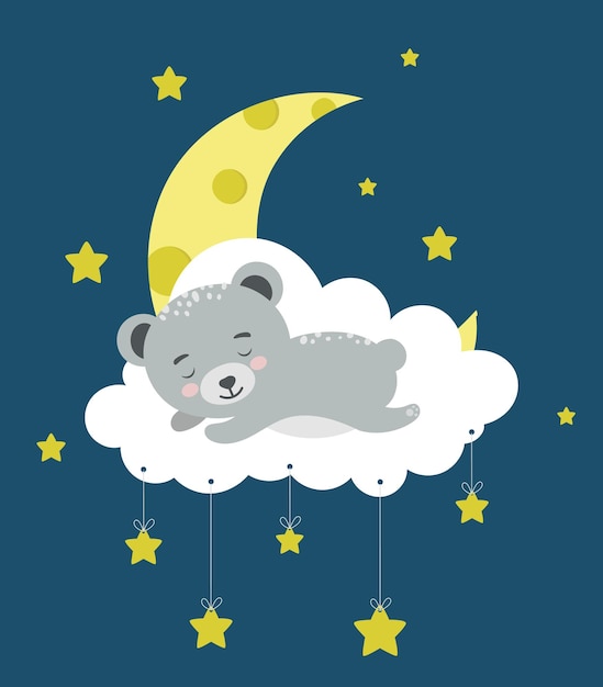 Lindo oso durmiendo en la nube ilustración del concepto de animal bebé para el personaje de la guardería para niños