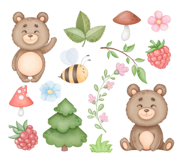 Vector lindo oso y elementos de madera clip art aislado