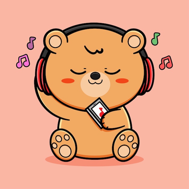 lindo oso escucha diseño de vector de música