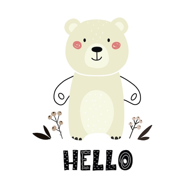 lindo oso en estilo escandinavo con las palabras Hola