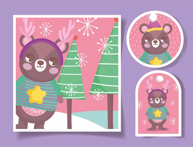 Lindo oso feliz navidad etiquetas y tarjeta