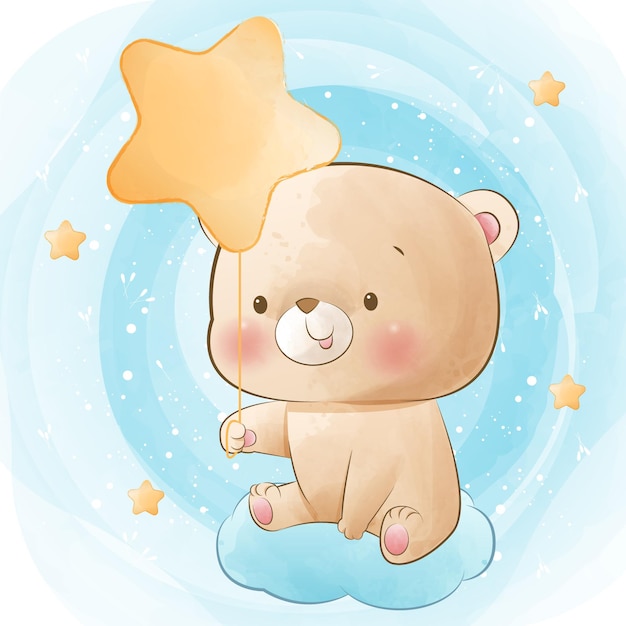 Vector lindo oso con globo estrella para impresión y baby shower.