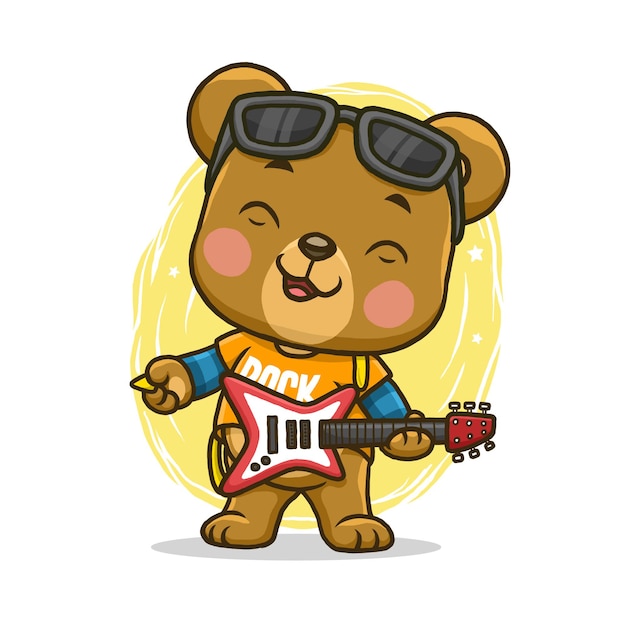 Vector lindo oso con guitarra aislado sobre fondo blanco.