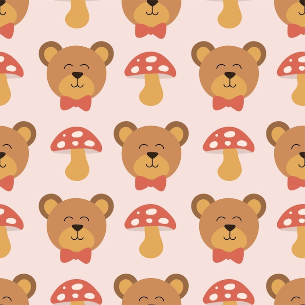 lindo, oso, y, hongo, seamless, patrón