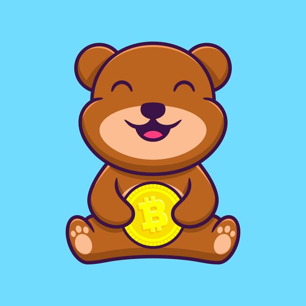 Lindo oso con ilustración de icono de vector de dibujos animados de Bitcoin. Concepto plano de la mascota del personaje animal.