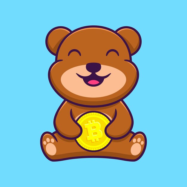 Lindo oso con ilustración de icono de vector de dibujos animados de bitcoin. concepto plano de la mascota del personaje animal.