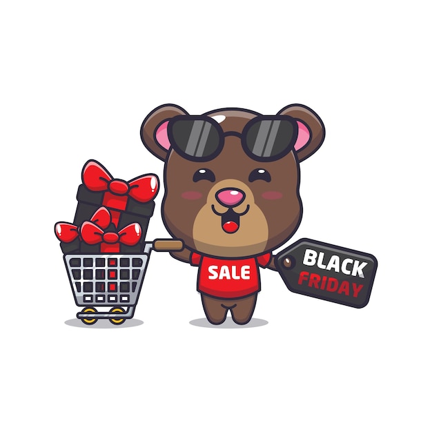 Vector lindo oso en la ilustración de mascota de dibujos animados de viernes negro