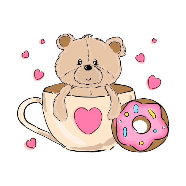 Lindo oso con ilustración de vector dibujado a mano de dibujos animados de donut rosa Se puede utilizar para imprimir camisetas niños usan diseño de moda tarjeta de invitación de ducha de bebé