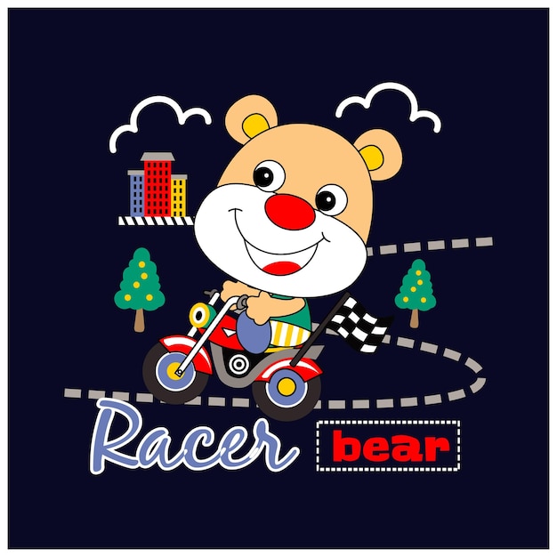Lindo oso con ilustración de vector de dibujos animados de motocicleta
