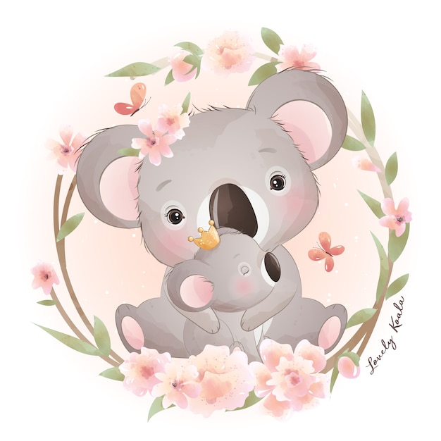 Lindo oso koala doodle con ilustración floral