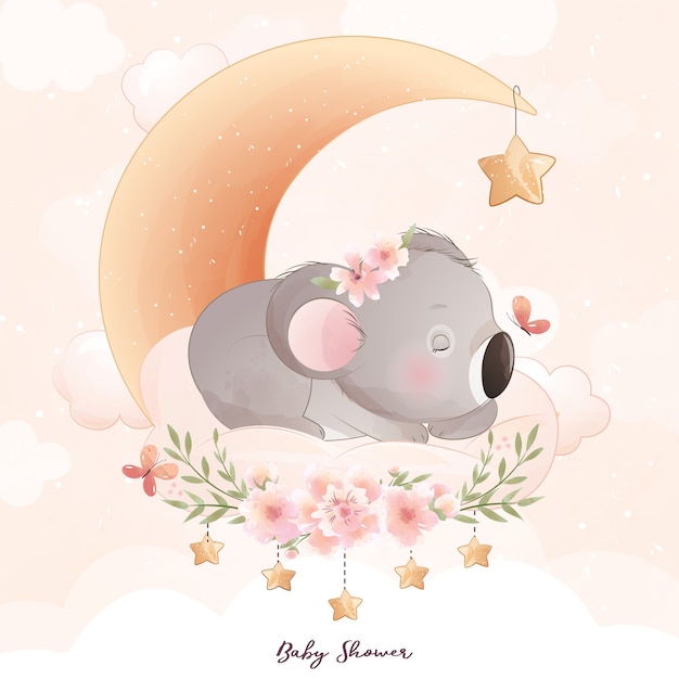 Lindo oso koala doodle con ilustración floral