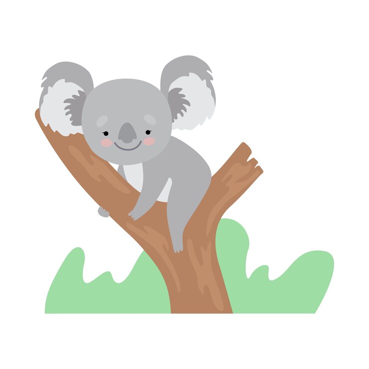Vector lindo oso koala sentado en la rama de un árbol divertido personaje animal gris ilustración vectorial sobre fondo blanco