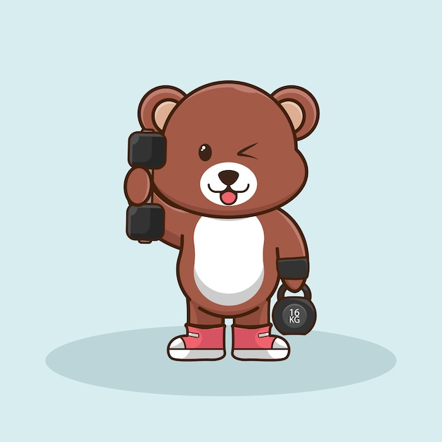 Lindo oso levantando pesas y pesas rusas Gimnasio Entrenamiento Mascota Dibujos animados Vector Icono Ilustración