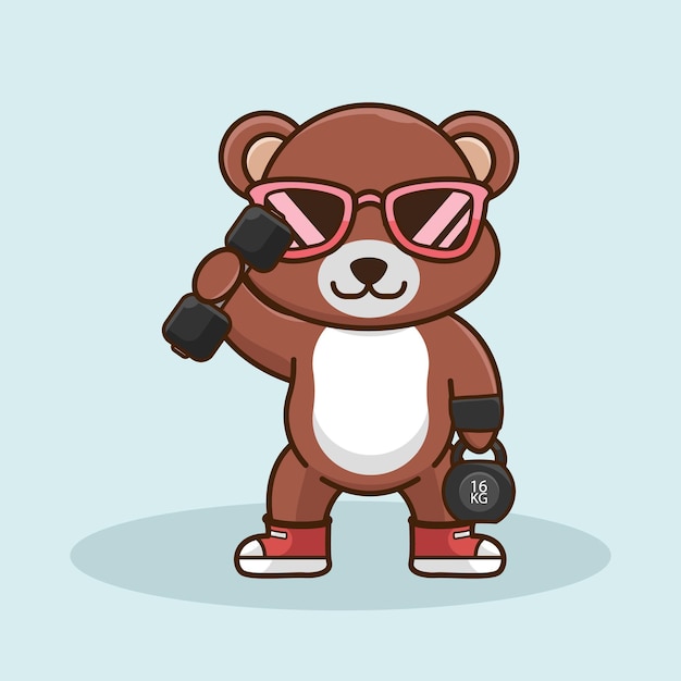 Lindo oso levantando pesas y pesas rusas Gym Workout Icon mascota logo lindo pegatina estilo de dibujos animados