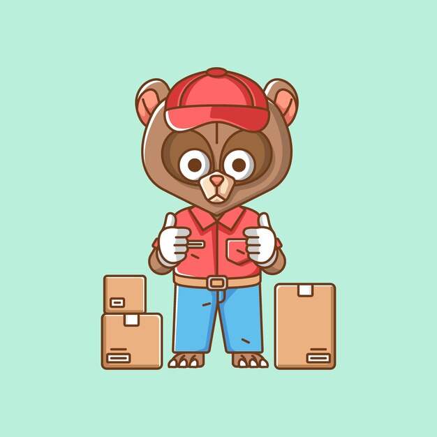 Lindo oso mensajero entrega de paquetes animal chibi personaje mascota icono ilustración de estilo de línea plana
