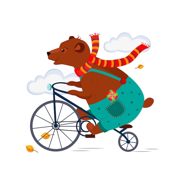 Lindo oso montando una bicicleta en una bufanda en otoño. Ilustración vectorial