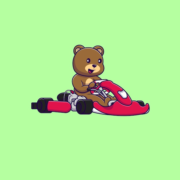 Lindo oso montando karting dibujos animados vector iconos ilustración.