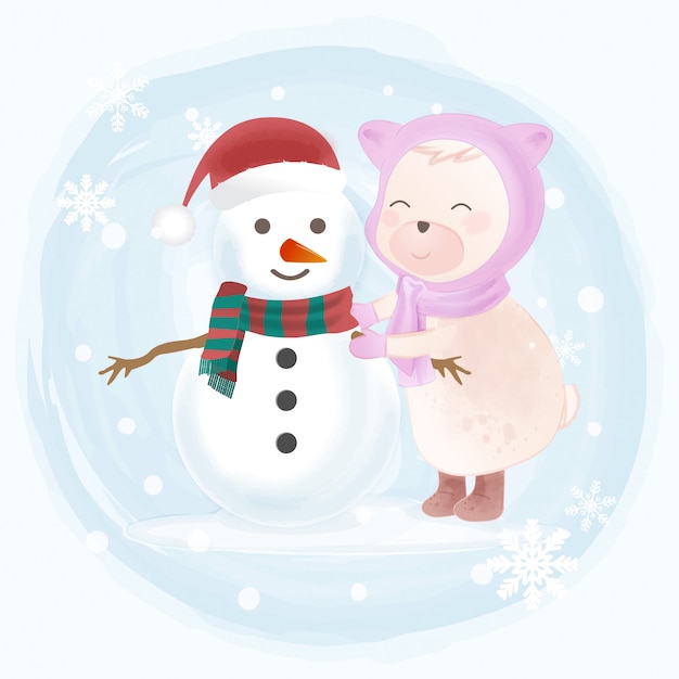 Lindo oso y muñeco de nieve dibujado a mano ilustración