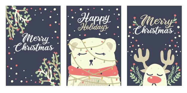Lindo oso de Navidad, renos y adornos en tarjetas