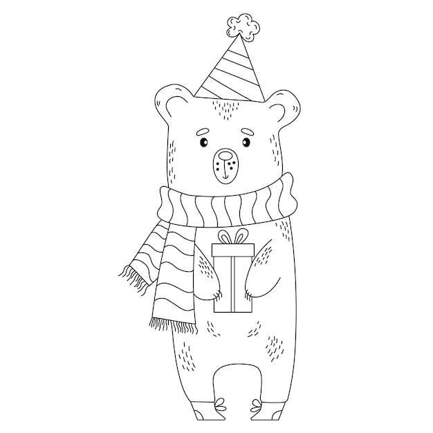 Lindo oso de navidad santa con bufanda de sombrero y regalo dibujo de líneas de contorno para decoración de diseño e impresión