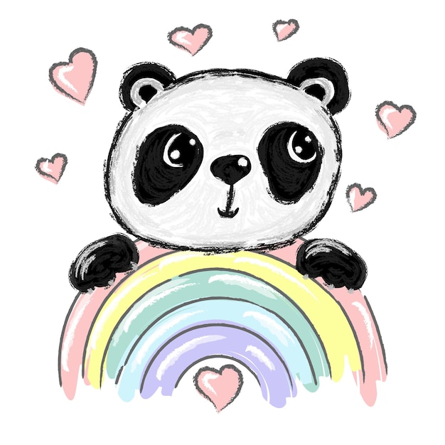 Lindo oso panda con arco iris y corazones ilustración vectorial panda dibujado a mano Diseño impreso para camiseta Corazones mágicos