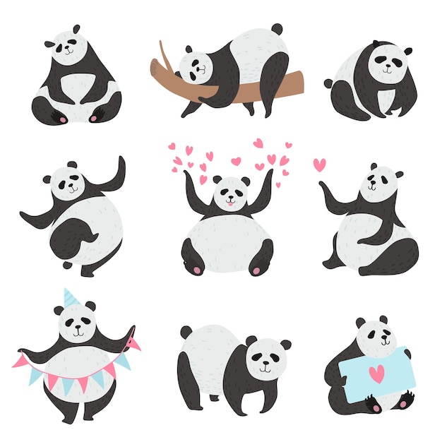 Lindo oso panda conjunto divertido personaje animal panda en diferentes poses ilustración vectorial sobre fondo blanco