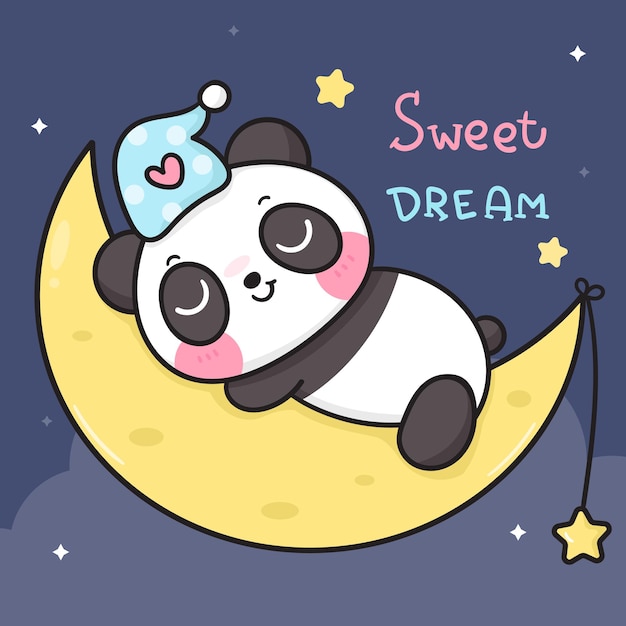 Lindo oso panda de dibujos animados durmiendo en la luna buenas noches animal kawaii