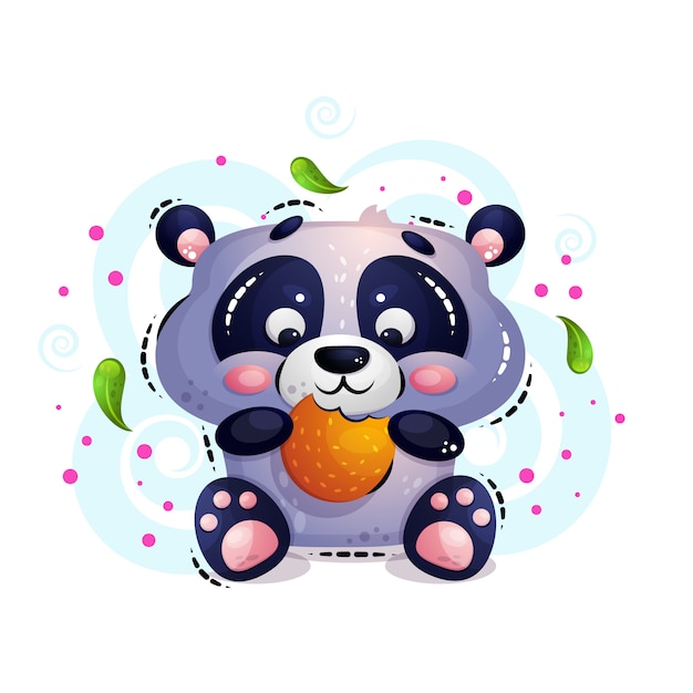 Lindo oso panda hambriento se sienta y come galletas.