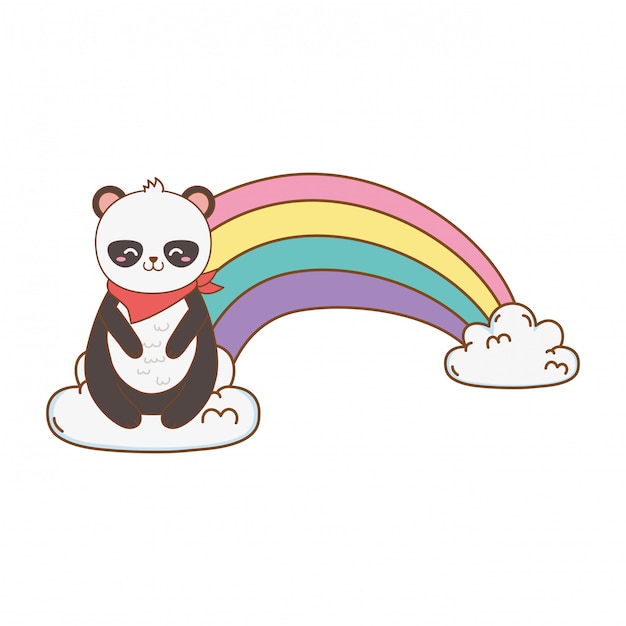 Lindo oso panda en las nubes con arcoiris