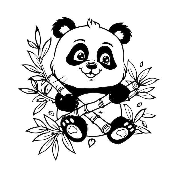 Lindo oso panda sentado en bambú con hojas para colorear para niños y ilustraciones dibujadas a mano