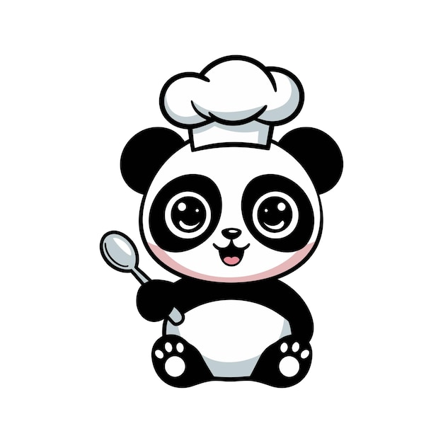 Un lindo oso panda con un sombrero de chef sentado y sosteniendo una cuchara