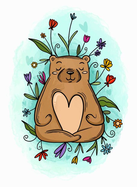 Vector lindo oso pardo con corazón en su vientre rodeado de flores