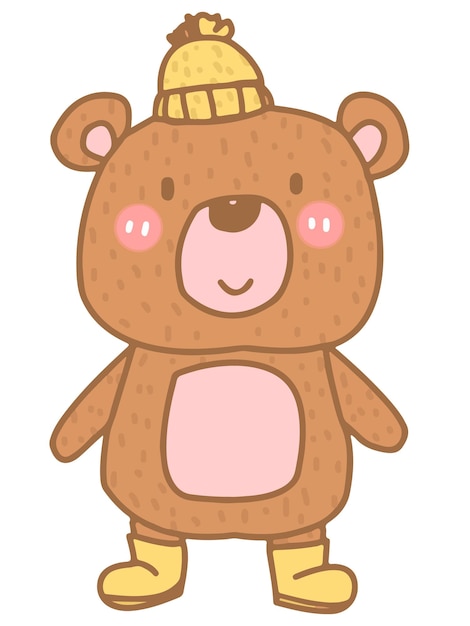 Lindo oso pardo de dibujos animados con un sombrero de invierno y zapatos amarillos