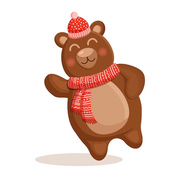 Lindo oso pardo en una ilustración de vector de sombrero y bufanda de invierno