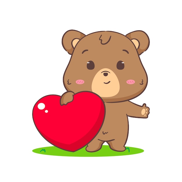 Lindo oso pardo sosteniendo corazón de amor Kawaii adorable animal y diseño de concepto del día de San Valentín