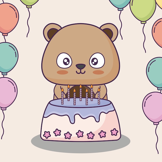 Lindo oso con pastel de cumpleaños y globos decorativos