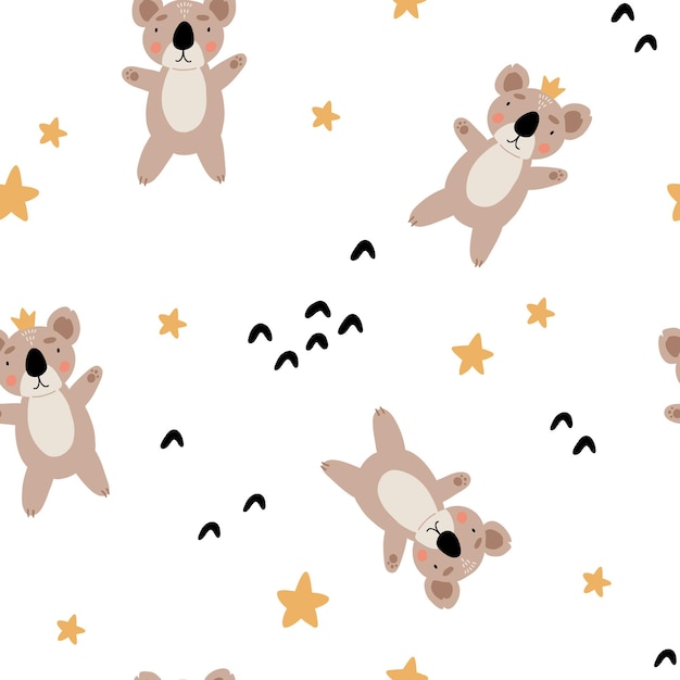 Lindo oso de patrones sin fisuras koala con corona y estrellas Personaje de dibujos animados Kawaii Plantilla de tarjeta de felicitación de bebé Camiseta de portada de cuaderno