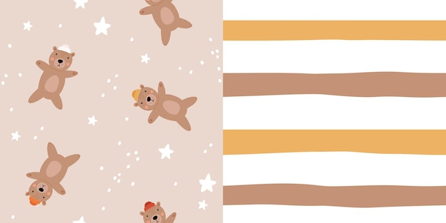 Lindo oso de patrones sin fisuras oso grizzly en sombrero con estrellas Personaje de dibujos animados Kawaii Plantilla de tarjeta de felicitación de bebé Camiseta de cubierta de cuaderno