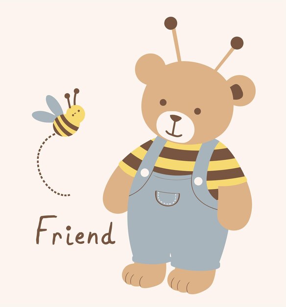 El lindo oso de peluche y las abejas amigos