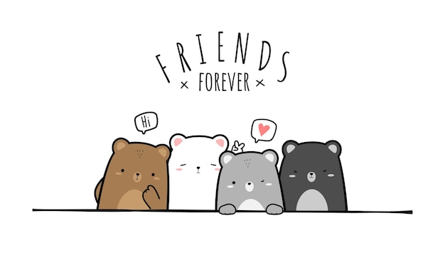 Lindo oso de peluche y amigos tarjeta de doodle de dibujos animados de saludo