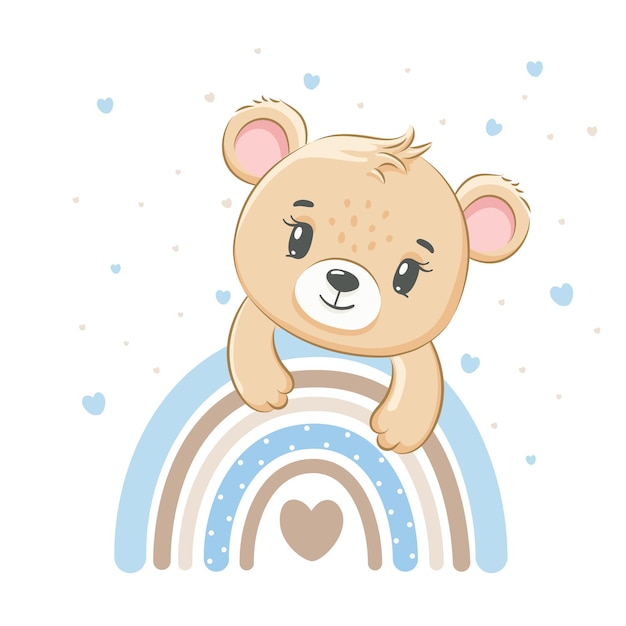 Lindo oso de peluche en un arco iris. Ilustración vectorial de una caricatura.