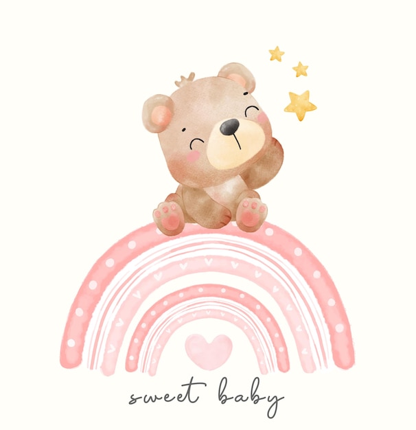 Vector lindo oso de peluche bebé acuarela sentado en arco iris rosa con estrellas vivero niño animal dibujado a mano