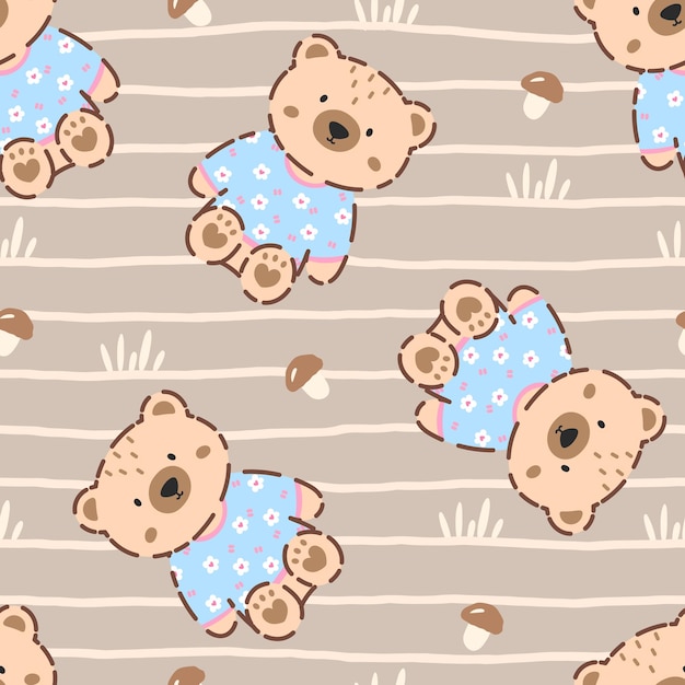 Lindo oso de peluche bg con setas y elementos forestales Patrón sin costuras en kawaii Diseño vectorial para telas de otoño y productos para niños